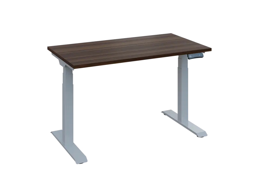 Fleximax 27-12 výškově nastavitelný stůl, kovová podnož stříbrná, deska 25 mm, široký 1200 mm, ořech královský